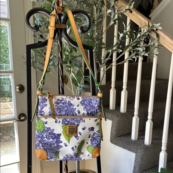Dooney & Bourke Purple hydrangeas , Tan straps with Green Accent Crossbody - Picture 13 of 13
